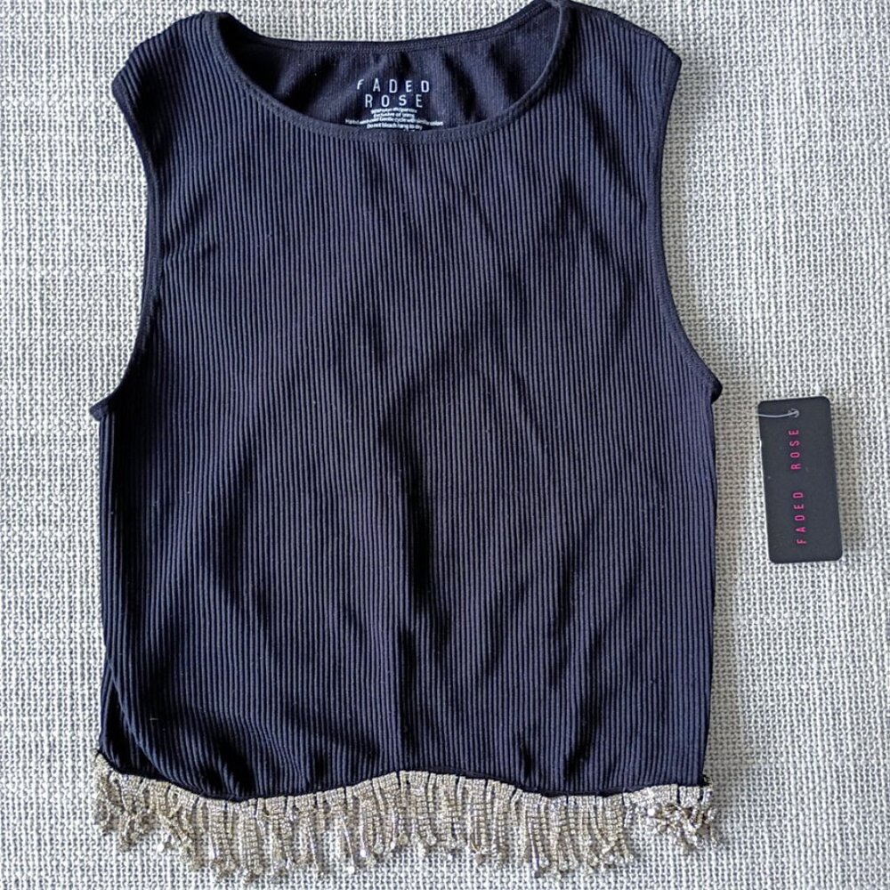 Faded Rose Black Ribbed Tank Top with shiny Crystals Fringe Hem | Size XL